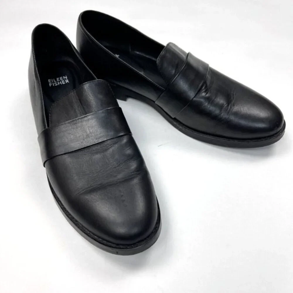 Eileen Fisher Hayes Smooth Leather Loafer Women 9 EUC Slip on 1'' Platform Black